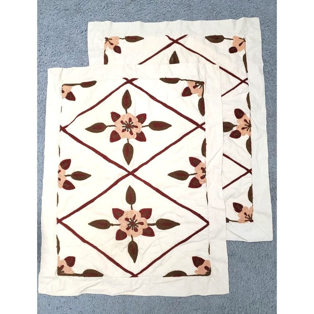 Two! BELLA Cottage Standard Pillow Shams Case Tan, Burgundy, Green Embroidered